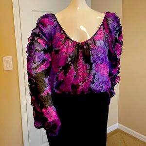 Rebecca Taylor Floral Print Silk Deep V-Neck Ruched Ruffle Bell Sleeve Top 6 EC